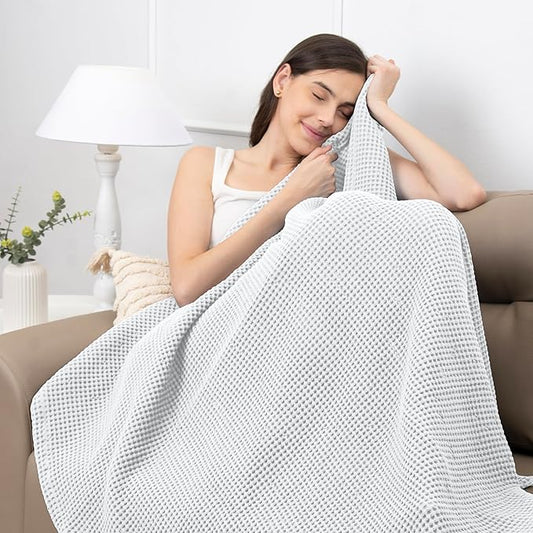 Organic Cotton Waffle Weave Blanket Throw (50" x 60") – Lightweight, Breathable & Soft All-Season Blanket for Couch, Bed, Sofa – Cozy Modern Woven for Beach, Picnic, Travel & Gifts(White)
