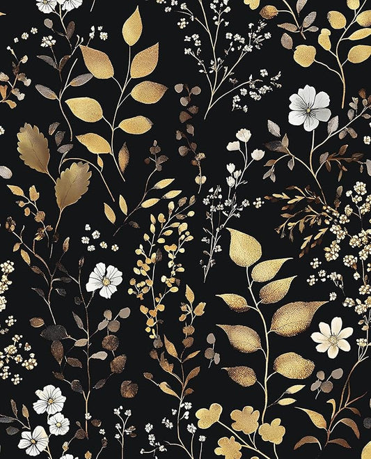 Boho Wallpaper Peel and Stick Dark Floral Wallpaper 17.5in x118in Vintage Leaf Contact Paper Vinyl Waterproof Self Adhesive Golden Leaf Botanical Wall Paper for Cabinet Table Drawer Decor