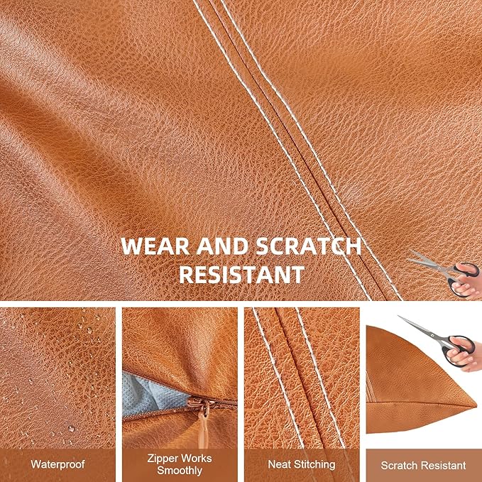 Faux Leather Throw Pillow Cover 16X16 Inch Set of 2 Brown Outdoor Modern Farmhouse Solid Decorative Pillow Covers for Room Couch Living Bedroom Bed Sofa