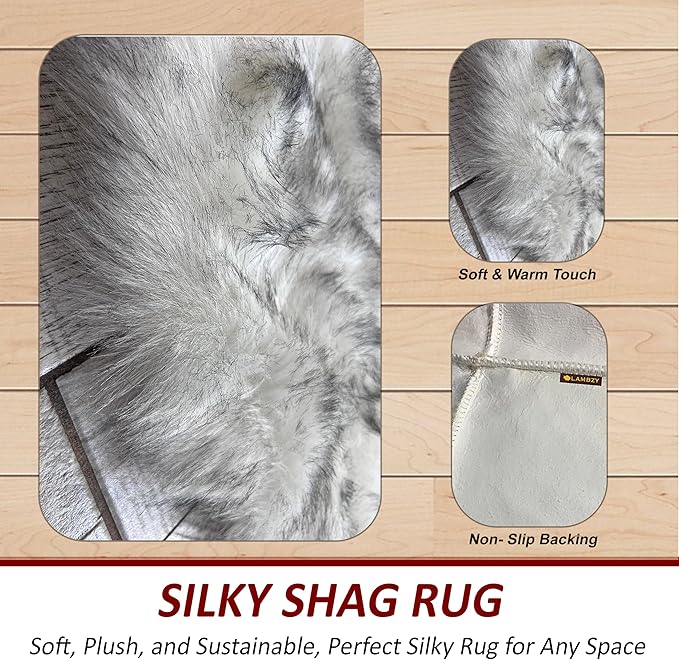 LAMBZY Faux Sheepskin Super Soft Hypoallergenic Silky Shag Rug for Living Room, Kids Room, Sofa (Octo 8 Pelts 6'x8', White/Black Tips)