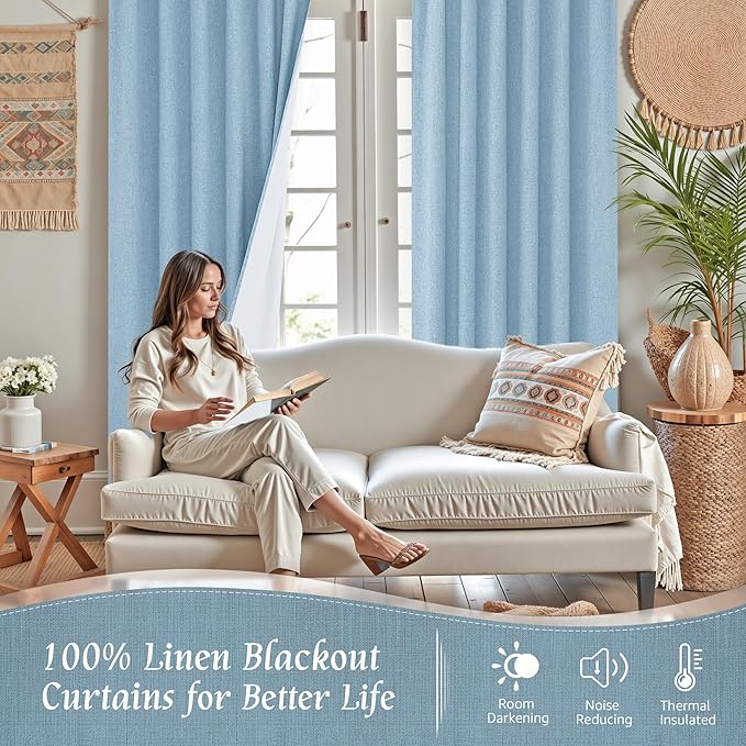 LAMIT Linen Full Blackout Window Curtains for Bedroom, 54 Inches Thermal Farmhouse Curtains Back Tab and Rod Pocket Privacy Protected Burlap Panels with White Liner, 2 Panels, 38 x 54 Inch, Stone Blue