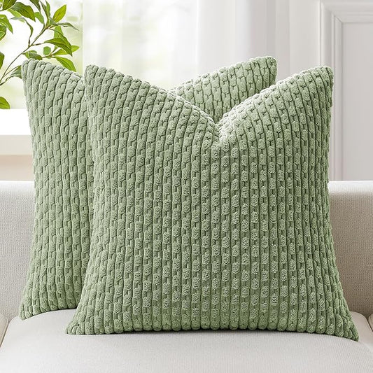 Kevin Textile 2 Packs Spring Decorative Throw Pillow Covers 20x20 Inch for Living Room Couch Bed Sofa Soft Striped Corduroy Square Cushion Case 50x50 cm Farmhouse Boho Home Decor Sage Green