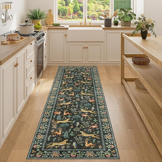 DUKINO Runner Rug, 2x7 Washable Kitchen Rugs for Hallways with Non Slip Backing, Soft Low Pile Vintage Animal Runner for Kitchen, Hallway, Entryway, Laundry, Bedroom, Black