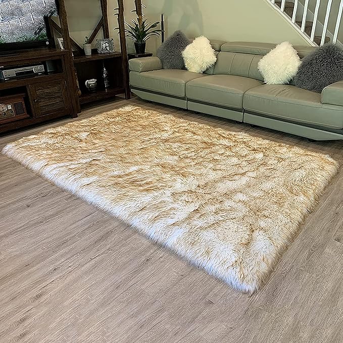 LAMBZY High Pile Super Soft Faux Sheepskin Rug (12'x15, White/Brown Tips)