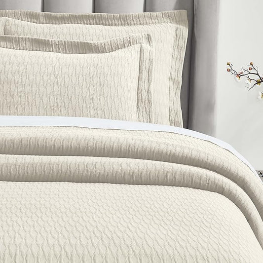 Superior 3 Piece Cotton Bedspread Set, Home Bed Decor, Decorative Bed Spread, 2 Pillow Shams, Medium Weight Blanket, Matelasse Coverlet, Bedding Essentials, Calvert Collection, King, Ivory