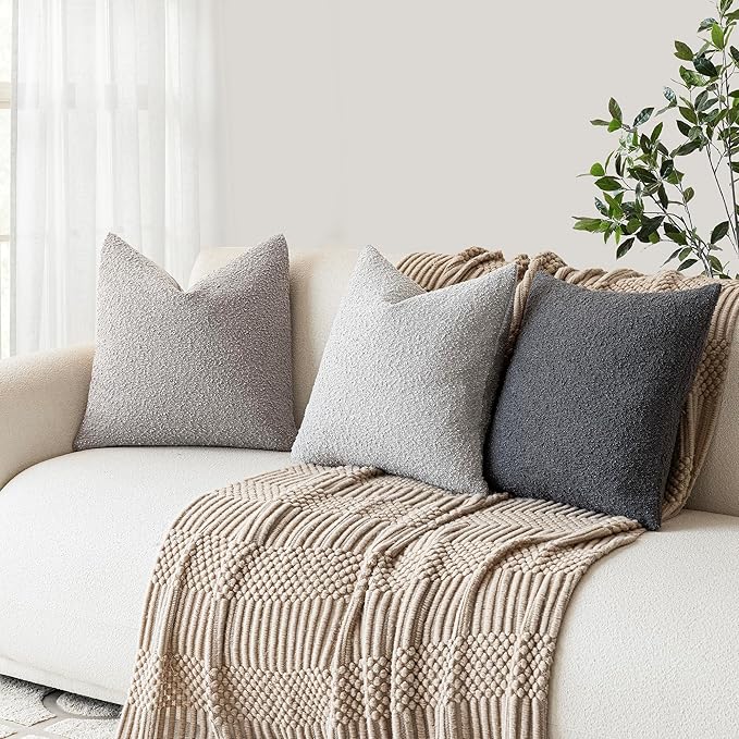 Foindtower Decorative Boucle Throw Pillow Covers Accent Solid Pillow Cases Cozy Soft Textured Couch Cushion Case for Chair Sofa Bedroom Living Room Home Decor 22 x 22 Inch,Neutral Grey