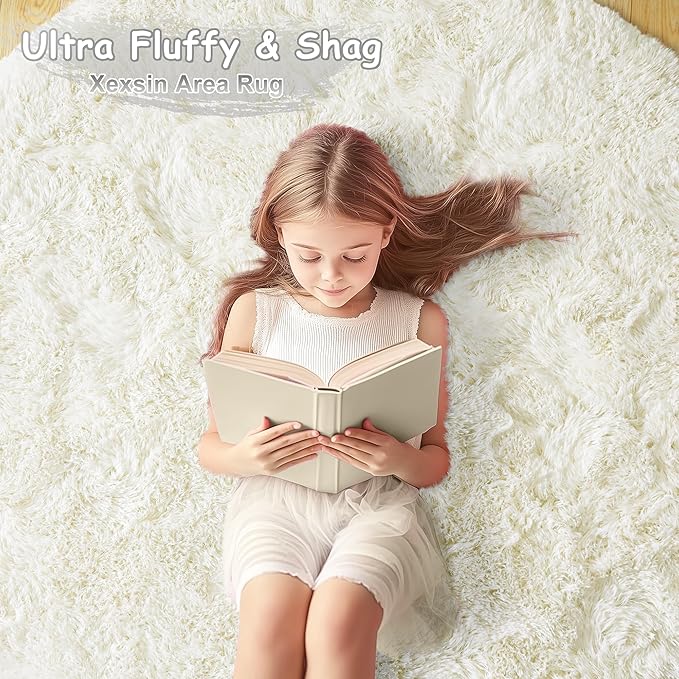 Round Fluffy Rugs 7Ft for Girls Bedroom, Cream White Shag Circle Kids Rug Non-Slip for Bedside Dorm Nursery Playroom, Soft Cute Area Rugs for Living Room Decor