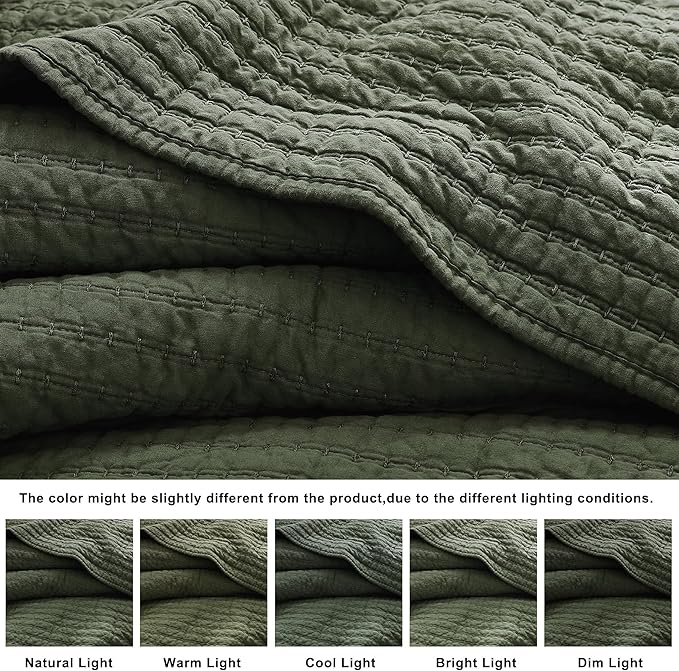 WDCOZY 100% Cotton Oversized King Size Quilt Set - Olive Green California Cal King Striped Pick Stitch Soft Lightweight Bedspread, Textured Like Linen, Farmhouse Country Rustic Coverlet, 3 Pieces