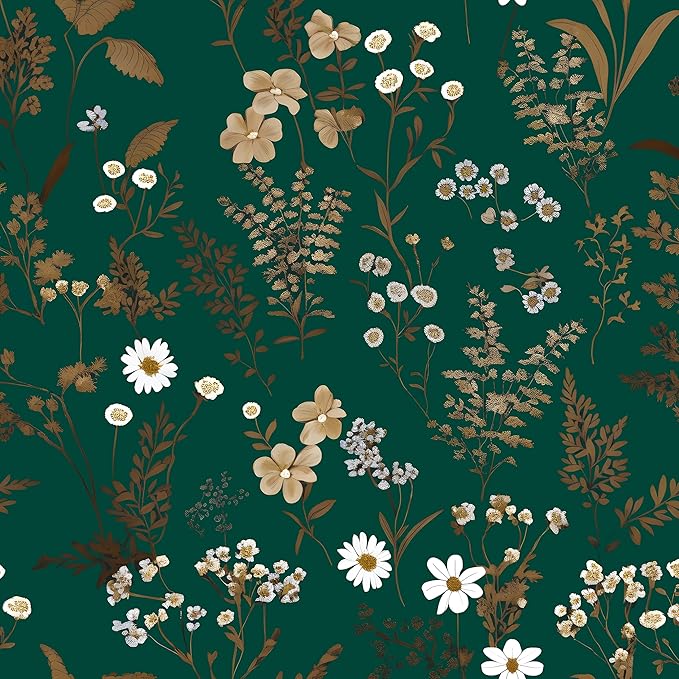 Dark Floral Wallpaper Peel and Stick 17.5in x 118in Vintage Green Gold Leaf Wallpaper Vinyl Waterproof Self-Adhesive Boho Botanical Wall Paper Mural for Cabinet Bookcase Bedroom Decor