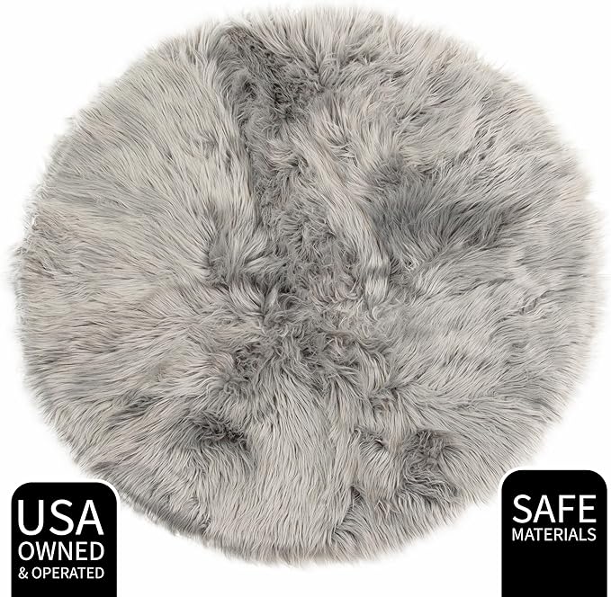 5 ft Round Fluffy Gray Rug – Plush Faux Fur Rug for Bedroom, Living Room, or Nursery – Cozy Faux Sheepskin Home Decor