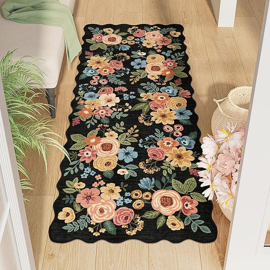 DUKINO 2x5 Washable Runner Rugs, Non Slip Floral Print Entryway Rug with Soft Low Pile, Lightweight Mat for Living Room, Bathroom, Bedroom, Kitchen, Black