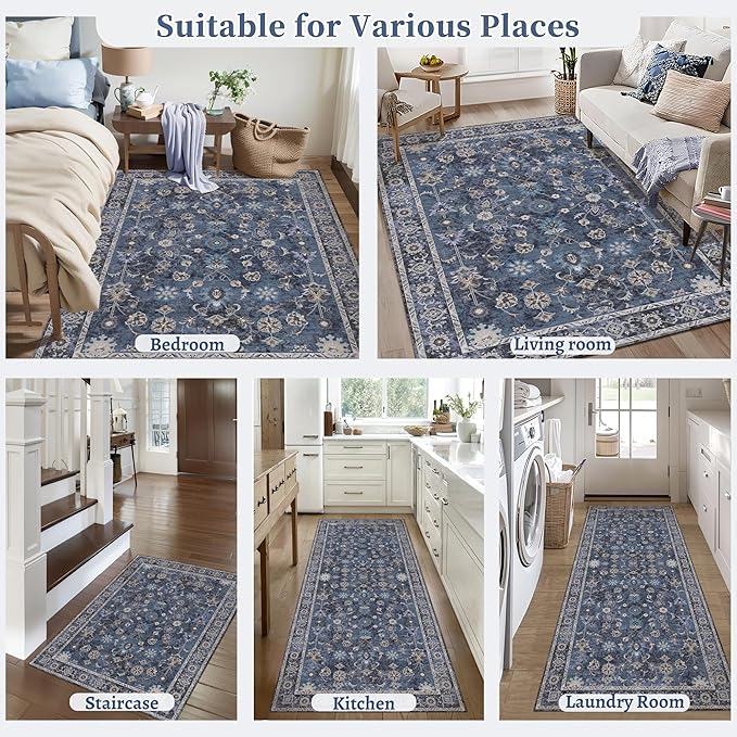 Tangsoo Washable Area Rugs 3x5 Non Slip, Boho Distressed Vintage Blue Floral Throw Rug for Bedroom Entryway, Soft Low Pile Floor Carpet Indoor Mat for Entrance Bedside Kitchen Nursery Office Farmhouse