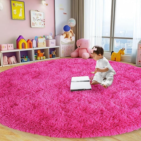 Round Fluffy Rugs 7Ft for Girls Bedroom, Hot Pink Shag Circle Kids Rug Non-Slip for Bedside Dorm Nursery Playroom, Soft Cute Area Rugs for Living Room Decor