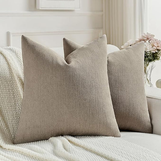 FUTEI Coffee Chenille Decorative Throw Pillow Covers 22x22 Inch Set of 2,Soft Cozy Faux Linen Textured Cushion Case,Farmhouse Home Decor for Couch Living Room