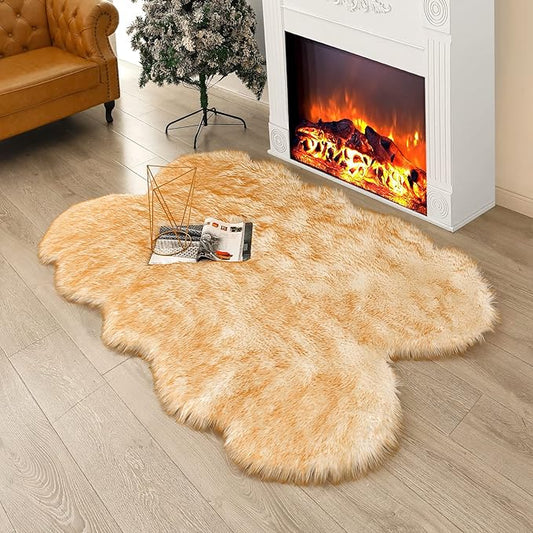 Fluffy Faux Fur Rug White Yellow Sheepskin Area Rug,4x6 Ft Ultra Soft Shaggy Plush Rug for Bedroom Bedside Living Room Nursery Kids Room