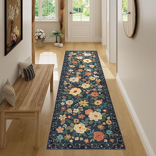 DUKINO Runner Rug, 2x7 Boho Kitchen Rug for Hallways with Low Pile Design, Washable Non Slip Backing Soft Floral Runner for Kitchen, Hallway, Entryway, Bedroom, Laundry, Navy Blue