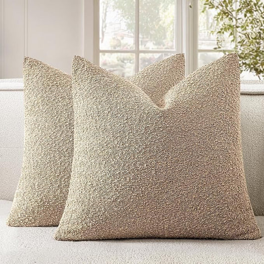 Woaboy Pack of 2 22x22 Inch Decorative Boucle Throw Pillow Covers Textured Square Pillowcaes Accent Euro Solid Cozy Soft Cushion Covers Home Decor for Sofa Couch Living Room Home Decor,Khaki