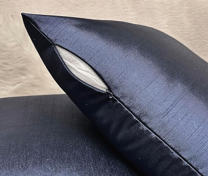 Aiking Home 18x18 Inches Faux Silk Square Throw Pillow Cover, Zipper Closure, Navy (Set of 2)