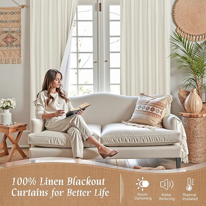 LAMIT Natural 100% Blackout Linen Curtains, 78 Inches Linen Textured Thermal Bedroom Curtains Back Tab and Rod Pocket Neutral Panels with White Liner for Farmhouse, 2 Panels, 52 x 78 Inch, Ivory
