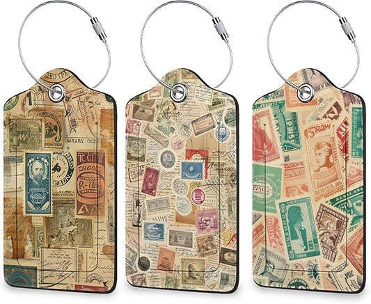 Stamp Luggage Tags for Suitcase 3 Pack, Privacy Cover ID Label with Stainless Steel Loop and Address Card for Travel Bag Suitcase