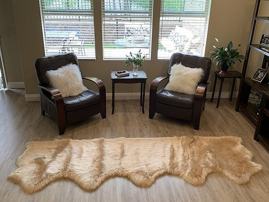 LAMBZY Faux Sheepskin Super Soft Hypoallergenic Silky Shag Rug for Living Room, Kids Room, Sofa (5 Pelts Side by Side 3'x10', Beige)