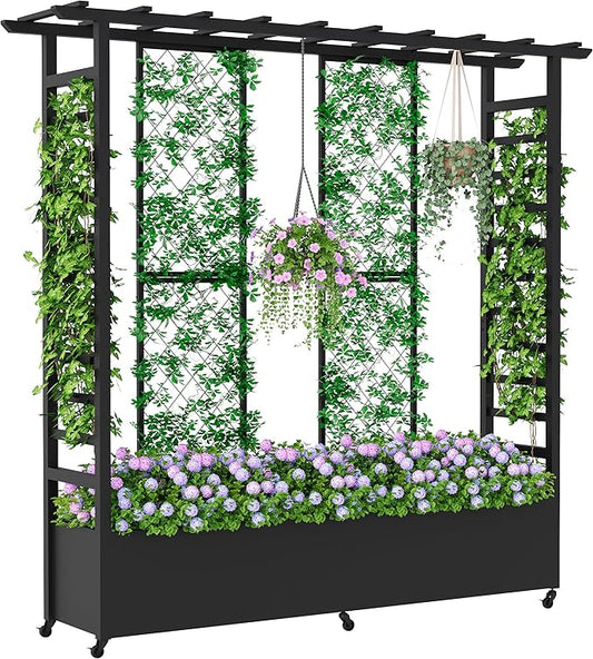 Raised Garden Bed with Trellis & Hanging Roof, Weatherproof Metal Planter Box with Wheels, Garden Arch Trellis for Outdoor Climbing Plants Vines Flowers, 74" H x 77" L x 17" W, Black