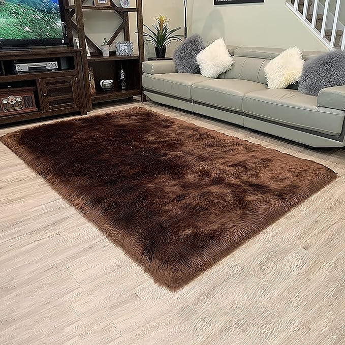 LAMBZY High Pile Super Soft Faux Sheepskin Rug (4'x6', Brown)