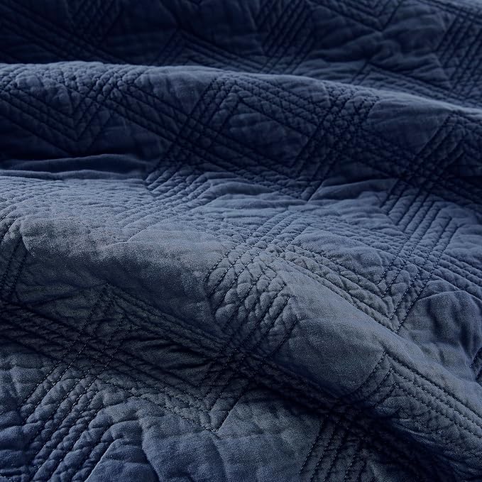 WDCOZY 100% Cotton Oversized King Quilt Set - Navy Blue California Cal King Size Soft Lightweight Modern Bedspread, Farmhouse Country Rustic Coverlet, Textured Like Linen, Shabby Chic Bedding