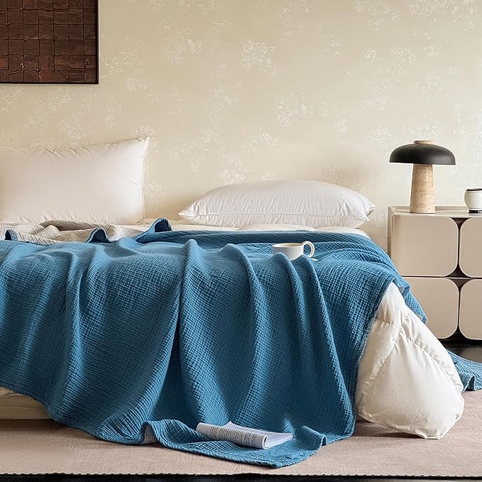 FALUCA Cotton Muslin Reversible Blanket Queen Size for Bed, Couch, Four Layers Blanket, Soft Lightweight Cozy Breathable Farmhouse Decoration for All-Season, Light Blue