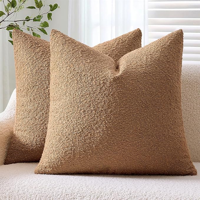 ANRODUO Pack of 2 Textured Boucle Throw Pillow Covers Soft Tobacco Brown Decorative Accent Solid Pillow Cases Cozy Modern Couch Cushion Case for Chair Sofa Bedroom Living Room Home Decor, 18 x 18 Inch
