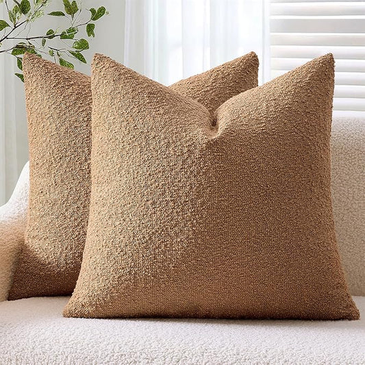 ANRODUO Pack of 2 Textured Boucle Throw Pillow Covers Soft Tobacco Brown Decorative Accent Solid Pillow Cases Cozy Modern Couch Cushion Case for Chair Sofa Bedroom Living Room Home Decor, 18 x 18 Inch