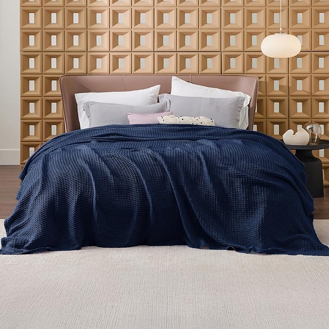 Bedsure Gentlesoft 100% Cotton Blanket King Size for Bed - Breathable and Soft, Thick Cozy Waffle Weave Christmas Blanket Gift for Women, Pageant Blue, 104x90 inches