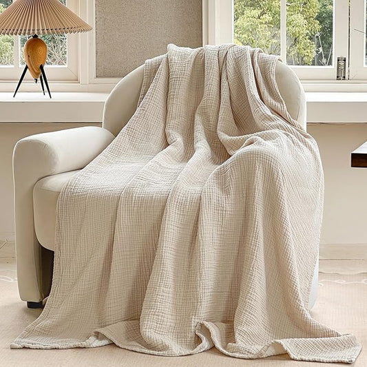FALUCA Cotton Muslin Reversible Blanket Twin Size for Bed, Couch, Four Layers Blanket, Soft Lightweight Cozy Breathable Farmhouse Decoration for All-Season, Khaki