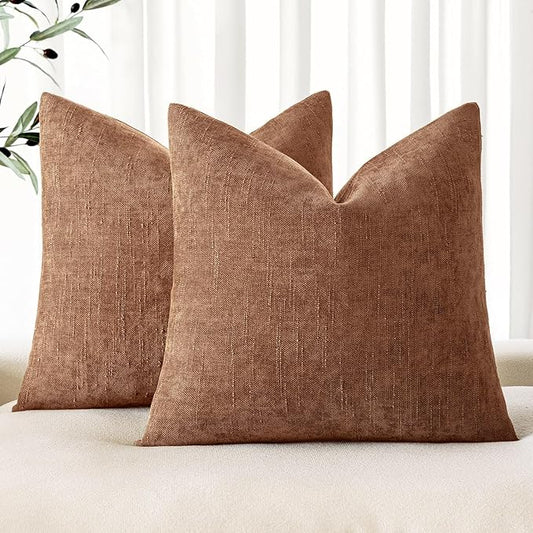 MIULEE Pack of 2 Decorative Throw Pillow Covers Soft Chenille Euro Pillowcases Solid Neutral Farmhouse Textured Cushions Morden Home Decor for Couch Sofa Bedroom Living Room 24x24 Inch,Red Brown