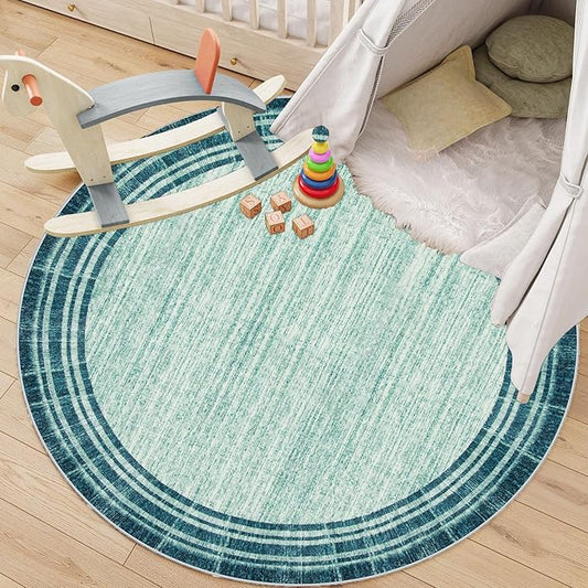 Lahome Abstract Round Rug 6 ft for Living Room, Ultra Thin Washable Soft Circle Bedroom Area Rug, Teal Printed Minimalist Boder Indoor Circular Carpet for Office Dining Room Under Table