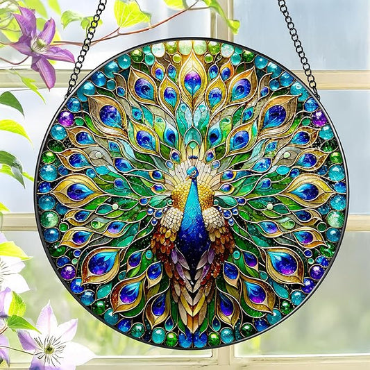 Stained Glass Window Hanging, LAOWEIKI 8'' Peacock Suncatcher, Stained Glass Ornament, Suncatchers for Windows Hanging, Window Decor, Outdoor or Indoor, Gifts for Women, Lovers, Couple, Friend, Bestie