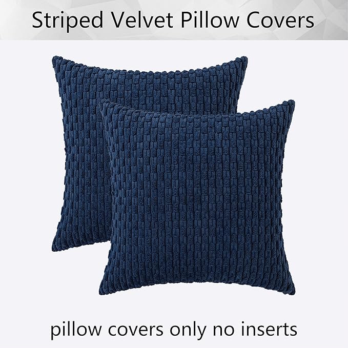 Kevin Textile Throw Pillow Cover Striped Corduroy Plush Texture Velvet Euro Cushion Cover for Bed 24 x 24 inch (60cm) Set of 2 Navy Blue