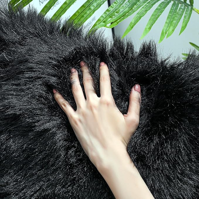 Faux Fur Rug Sheepskin Shag Fluffy Fuzzy Black 4x6 ft Rugs for Bedroom Bedside Bed Floor Living Room Plush High-Density Cushion Carpet Super Sofa Cover