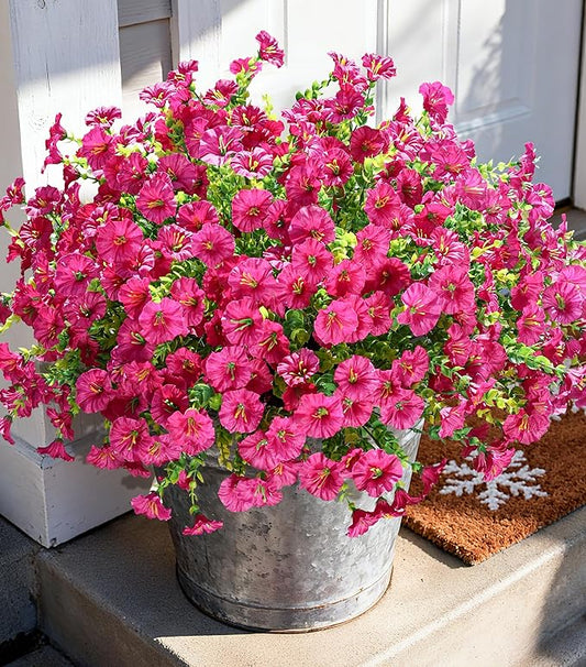 Artificial Flowers Fake Plants for Outdoors Decoration, 12 Bundles Silk Morning Glory with Eucalyptus Realistic UV Resistant Fuchsia Faux Flowers for Outside Planter Yard Patio Garden Home Indoor Urn