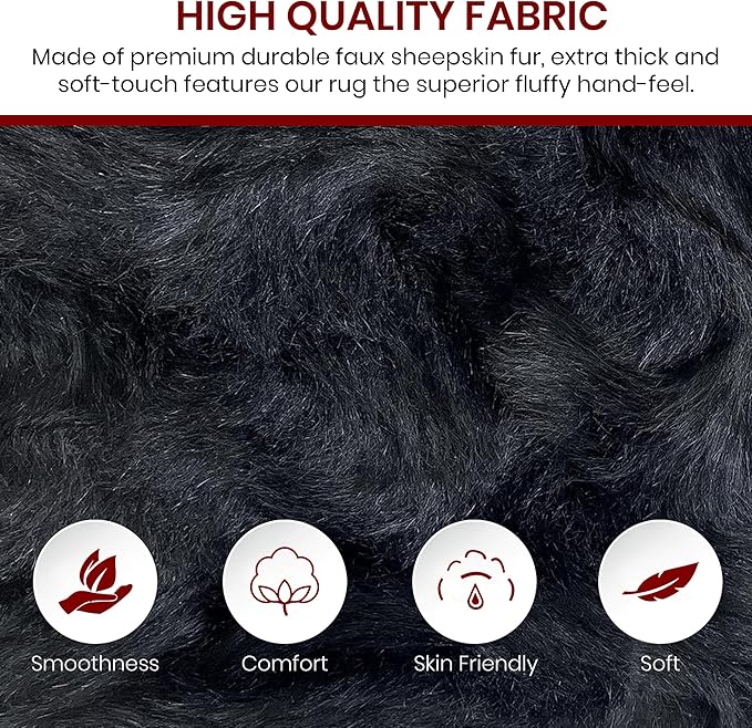 Free Shape Luxury Soft Fluffy Shag Area Rug Double Side by Side 3'x4', 90x120cm - Vegan Fur Ultra Soft Indoor Carpet Nursery Rugs for Bedroom Home Decor, Black