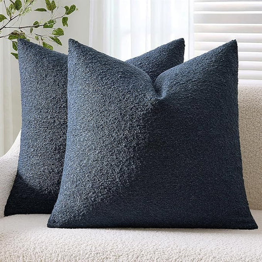 ANRODUO Pack of 2 Textured Boucle Throw Pillow Covers Soft Navy Blue Euro Decorative Accent Solid Pillow Cases Cozy Modern Couch Cushion Case for Bed Sofa Bedroom Living Room Home Decor, 24 x 24 Inch