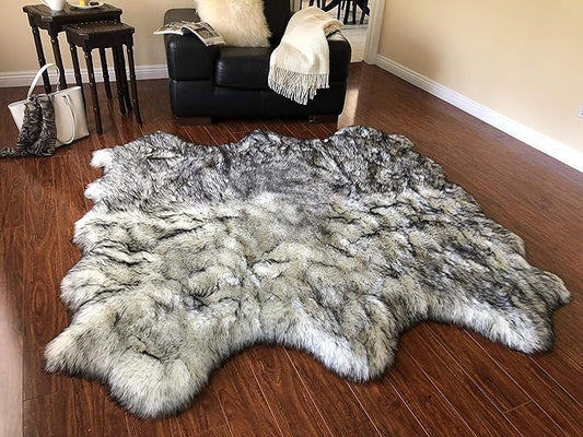Free Shape Luxury Soft Fluffy Shag Area Rug Sexto 6 Pelts 6'x6',180x180 cm - Vegan Fur Ultra Soft Indoor Carpet Nursery Rugs for Bedroom Home Decor, White/Black Tips