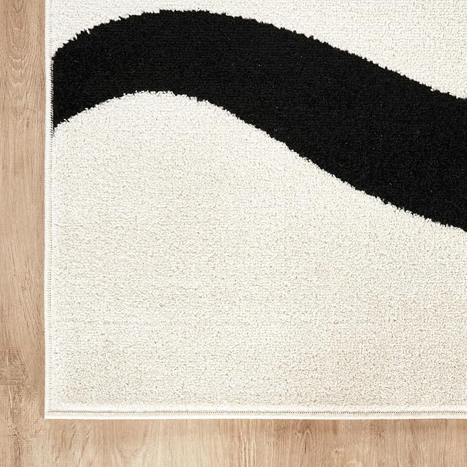 Abani Abstract Beige/Black Area Rug - 9'x12' - Modern Curved Line Design - Deco Collection - Easy to Clean - Durable for High Traffic Areas - Living Room, Dining Room - Medium Pile