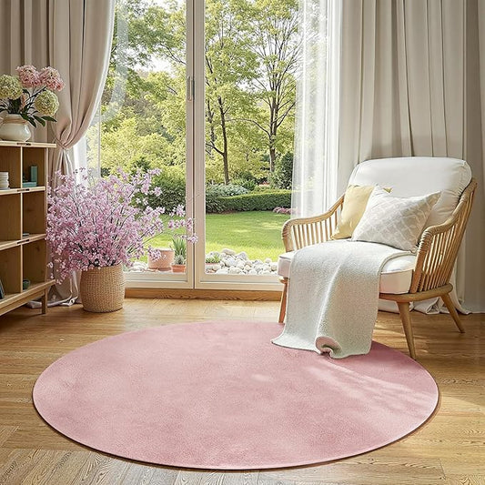 jinchan Solid Plush Round Rug 5ft Performance Shaggy Circle Rug 5' Round Washable Indoor Soft Modern Faux Wool Non Slip Carpet for Living Room Kids Room Bedroom Dining Room Pink