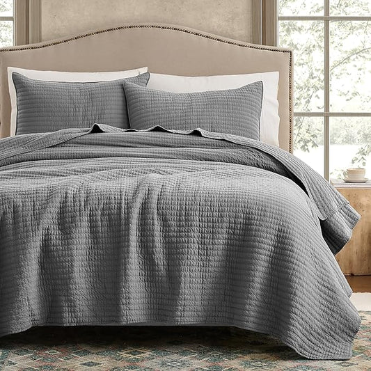 WDCOZY 100% Cotton Queen Size Quilt Set - Grey Striped Pick Stitch Soft Lightweight Bedspread, Textured Like Linen, Farmhouse Country Rustic Coverlet, Shabby Chic Gauze Bedding, 3 Pieces