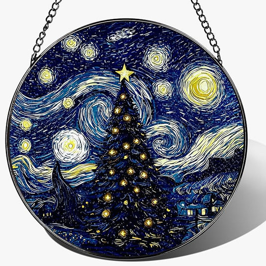 8-Inch Starry Night Christmas Tree Suncatcher Ornament, Stained Glass Window Hanging & Stained Glass Holiday Ornament, Sun Catcher Window Decor, Van Gogh’s Keepsake, Gifts for Christmas & Holidays