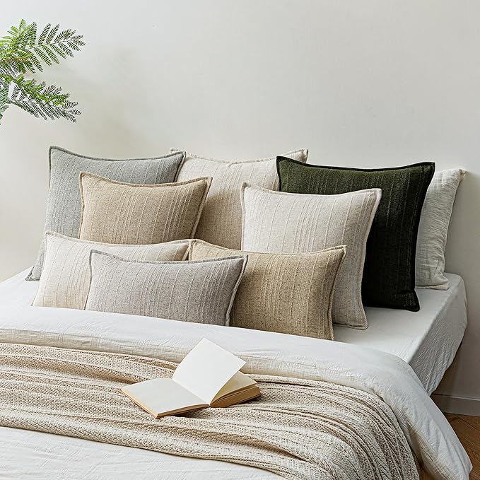 a moment Linen Pillow Covers Set of 2,Boho Farmhouse Throw Pillowcases Neutral Textured Decorative Covers for Couch Sofa,Linen Blend Accent Case Cushion Living Room Home Decor 24"x24"Dark Green