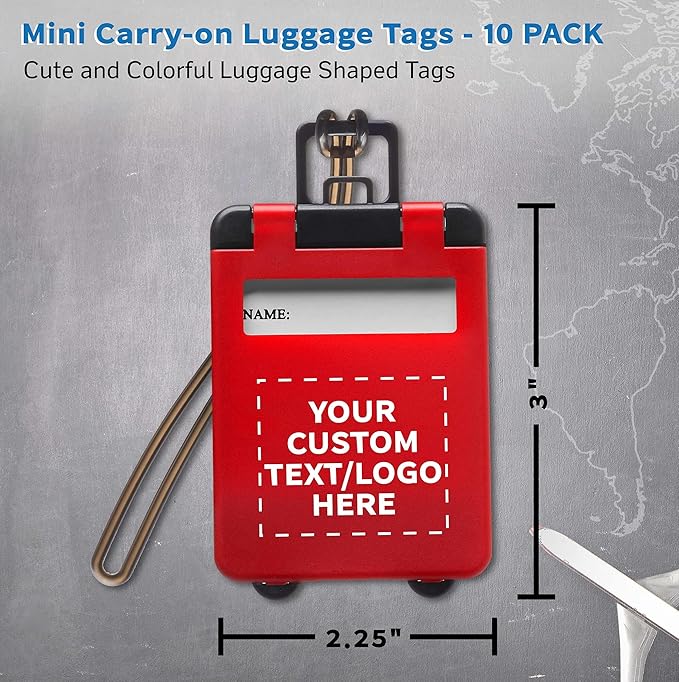 10 Mini Carry-on Luggage Tags Pack - Customizable Text, Logo - Flip Open Cover, ID Sticker - Red