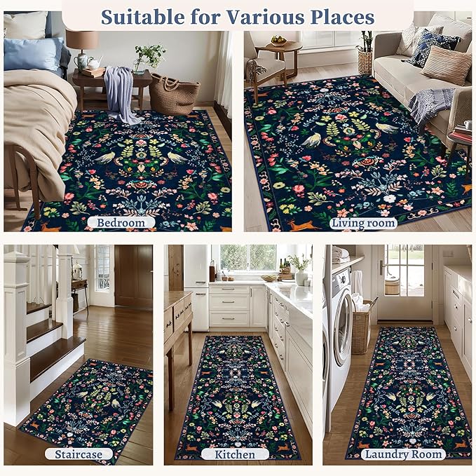 Tangsoo Runner Rug for Hallways Kitchen Rug, Non Slip 2x6 Washable Boho Nature Floral Animal Rug Runner for Entryway, Low Pile Carpet Door Mat Indoor Entrance for Kids Room Bedroom Laundry Office