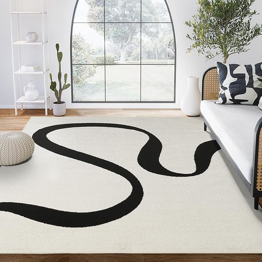 Abani Abstract Beige/Black Area Rug - 2' x 3' - Modern Curved Line Design - Deco Collection - Easy to Clean - Durable for High Traffic Areas - Bedroom, Office & Kitchen - Medium Pile